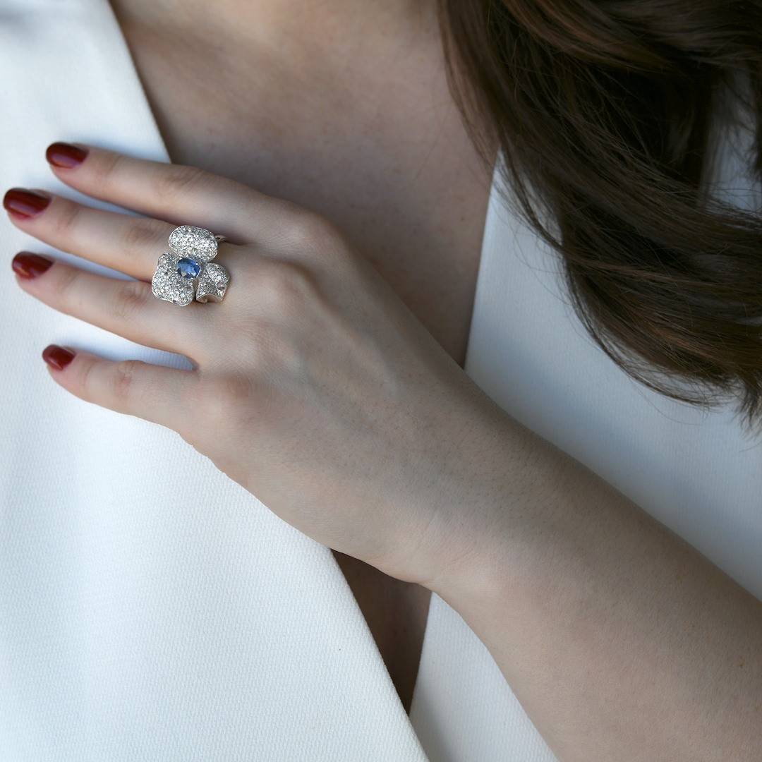 inel din aur alb de 18K cu Safir și Diamante naturale  2