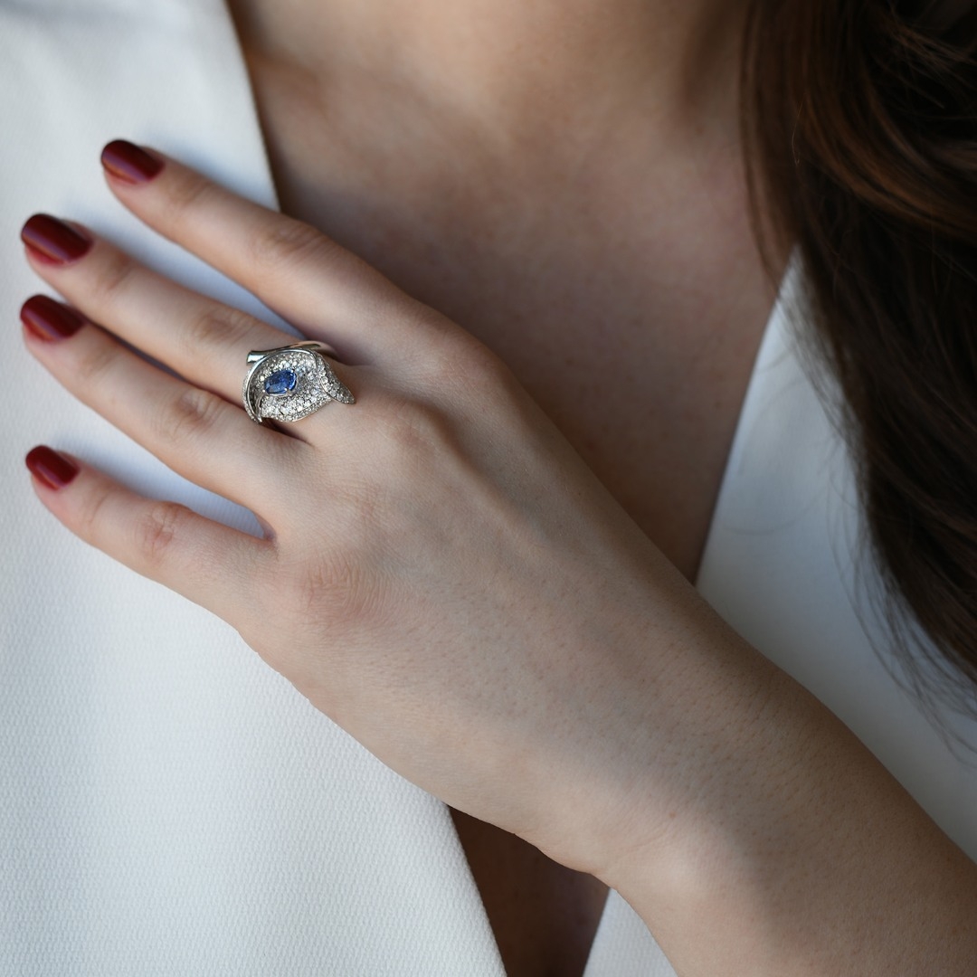 inel din aur alb de 18K cu Turmalin, Safir și Diamante naturale  2