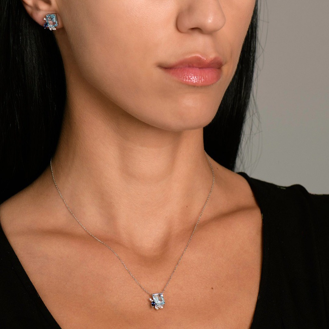 lanț din aur alb de 18K și pandantiv cu Safir, Blue Topaz și Diamante naturale  3