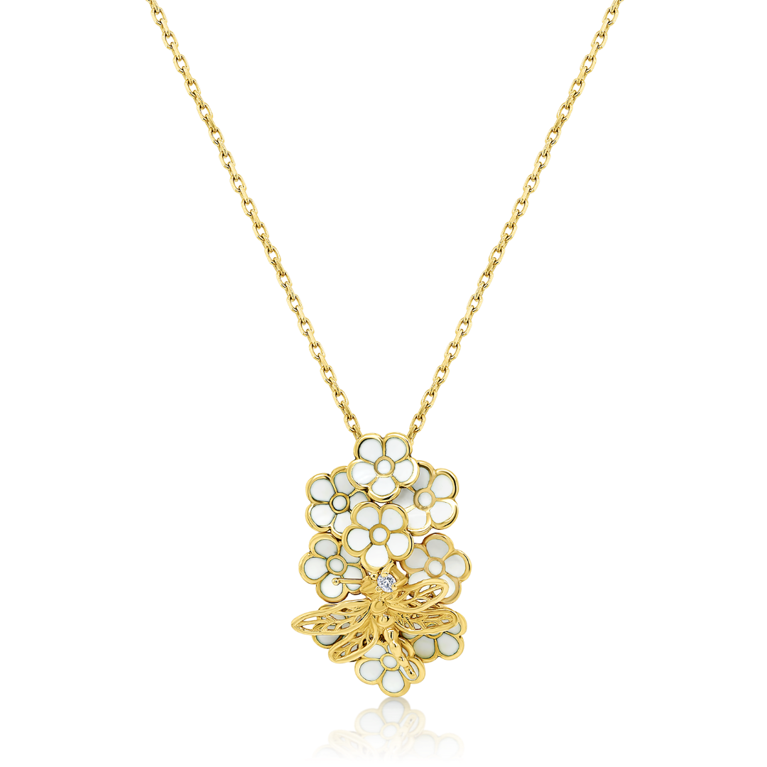 lanț din aur galben de 14K și pandantiv cu Diamant natural și Email alb  