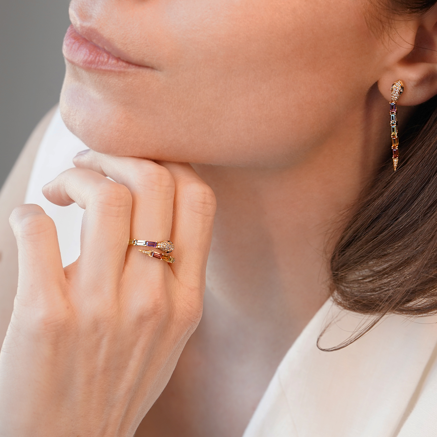 inel șarpe din aur galben de 14K cu Ametist, Topaze, Peridot, Citrin, Rodolit și Diamante naturale  2