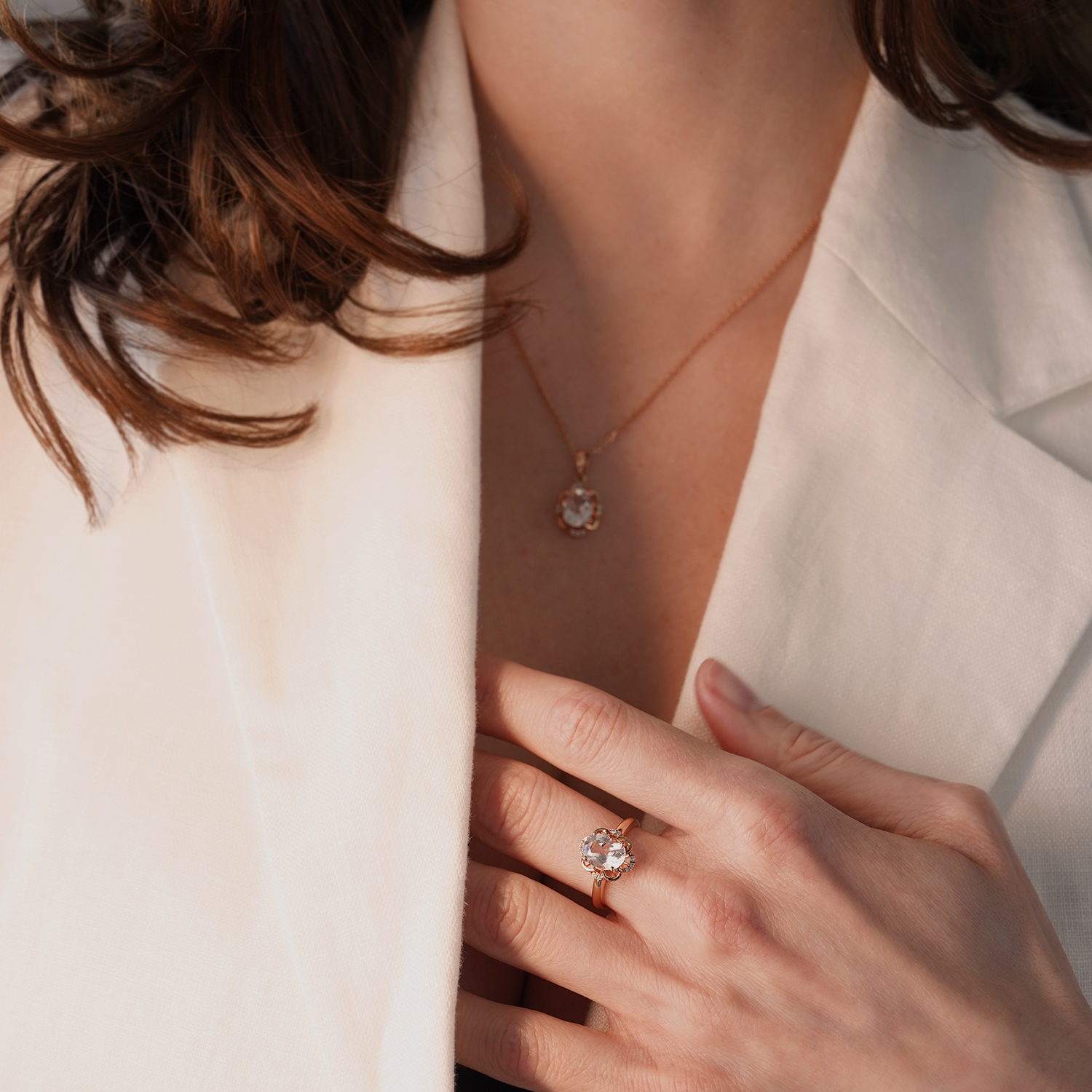 inel din aur roz de 14K cu Morganit și Diamante naturale  2