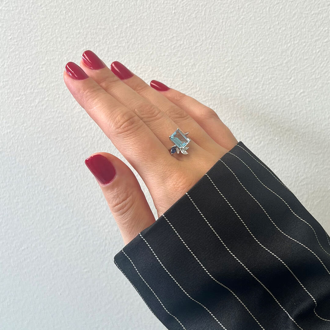 inel din aur alb de 18K cu Topaz, Safir albastru si Diamante naturale  2