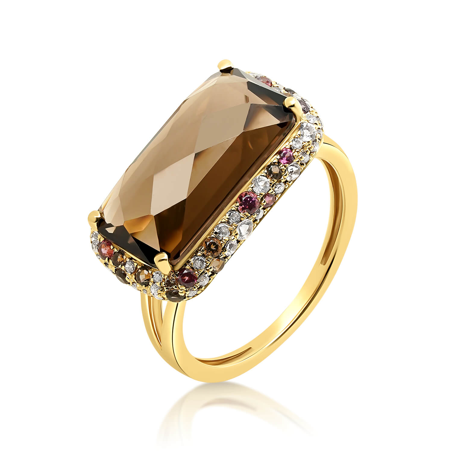 inel din aur galben de 18K cu Granate, Smoky Quartz și Diamante naturale  1