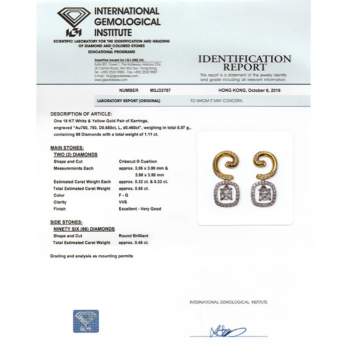 cercei din aur galben de 18K cu Diamante naturale certificate IGI  2