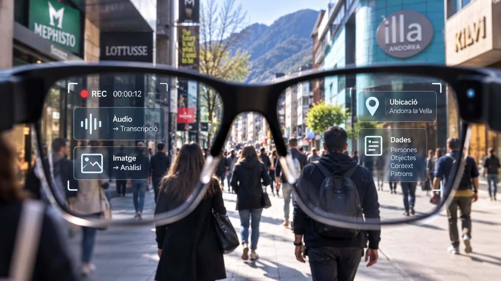 Ulleres intel·ligents processant imatge, àudio i dades en un espai públic a Andorra