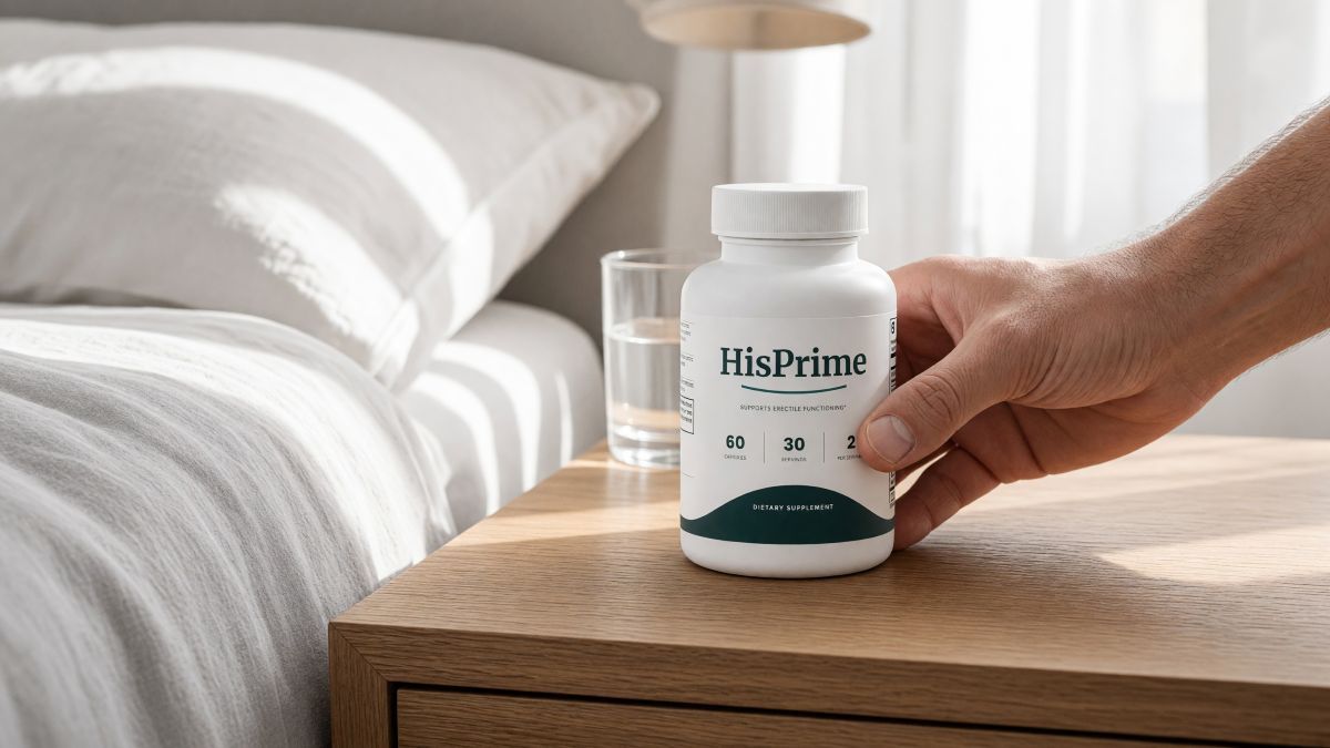 A bottle of HisPrime on a bedside table beside a glass of water