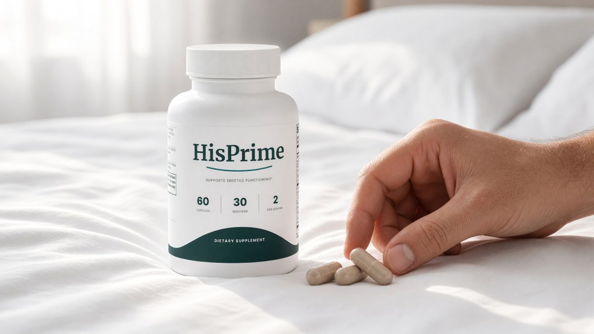 A bottle of HisPrime on a white bed, with a hand reaching for three capsules resting on the sheet beside it