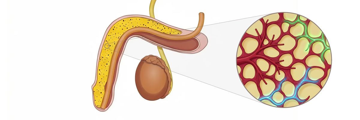 Illustration of over-active sympathetic nerves firing too much, keeping the cavernosal smooth muscles contracted