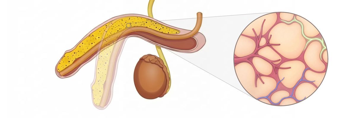 Illustration of blood flooding the corpus cavernosum and expanding its pockets