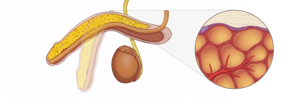 Illustration of the expanded corpus cavernosum pressing the veins closed so blood cannot flow back out