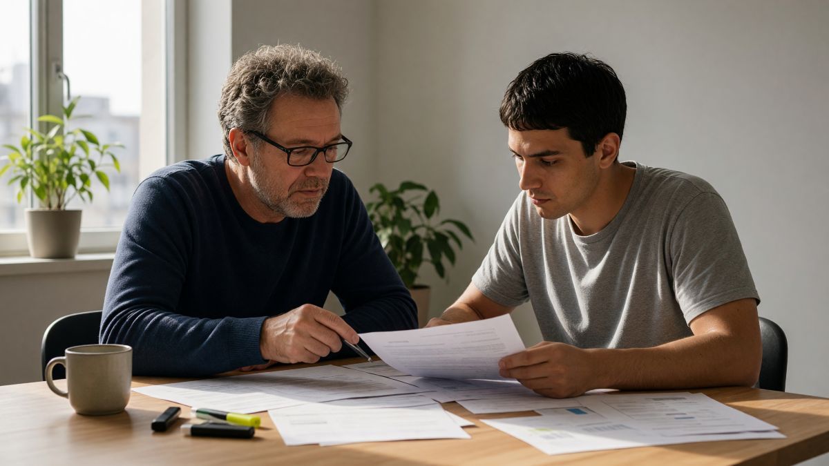Two doctors sitting at a desk going through printed studies together, one pointing at a page while the other marks it with a pen