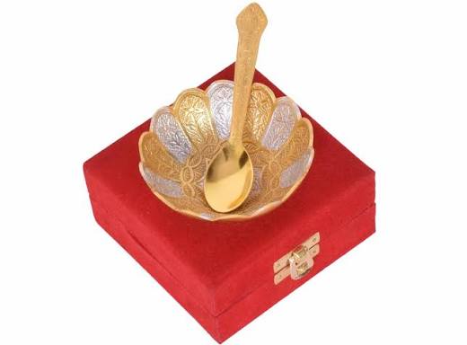 German Silver Single Bowl with Spoon Best for Wedding Return Gift. in Velvet Gift Box.