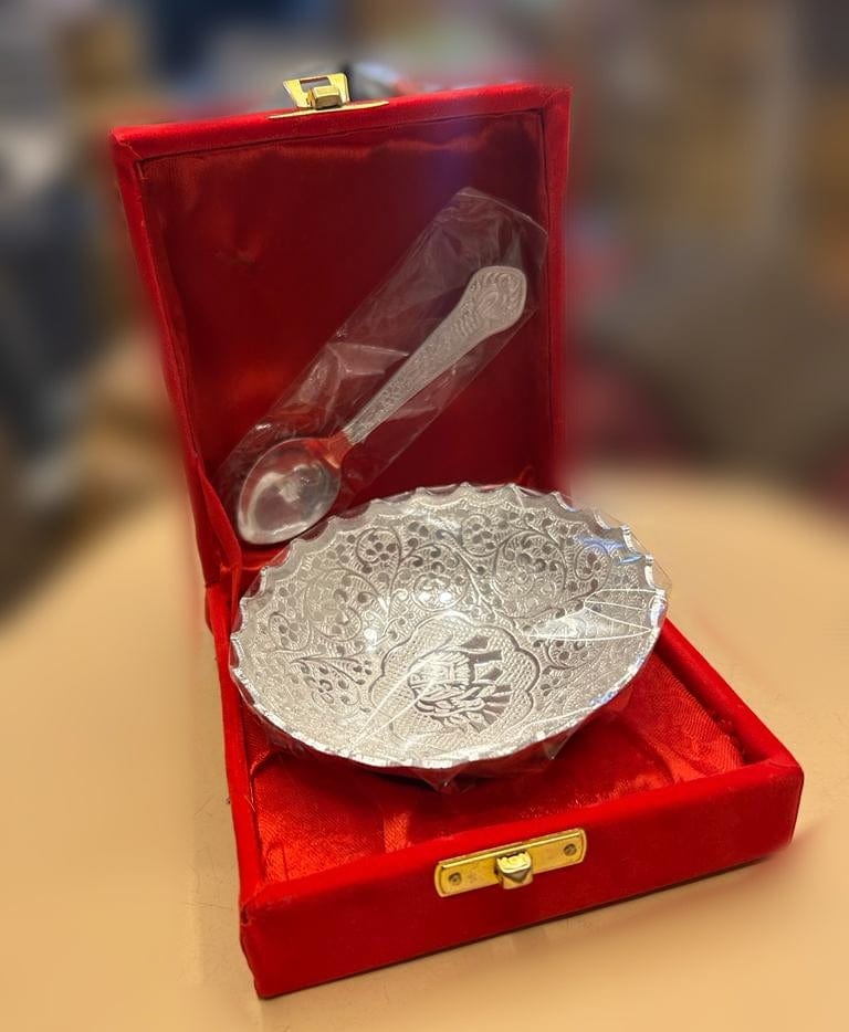 German Silver Single Bowl with Spoon Best for Wedding Return Gift. in Velvet Gift Box.