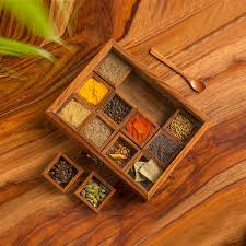 Wooden Spice Box with Glass Lid – 9-Compartment Masala Dabba Organizer with Spoon – Spice Storage Container for Seasonings, Herbs – Gift for Kitchen Lovers- 9x9 inch