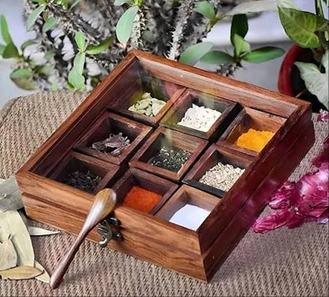 Wooden Spice Box with Glass Lid – 9-Compartment Masala Dabba Organizer with Spoon – Spice Storage Container for Seasonings, Herbs – Gift for Kitchen Lovers- 9x9 inch