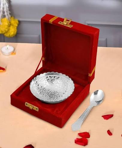 German Silver Single Bowl with Spoon Best for Wedding Return Gift. in Velvet Gift Box.