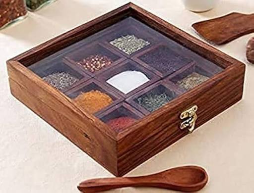 Wooden Spice Box with Glass Lid – 9-Compartment Masala Dabba Organizer with Spoon – Spice Storage Container for Seasonings, Herbs – Gift for Kitchen Lovers- 9x9 inch
