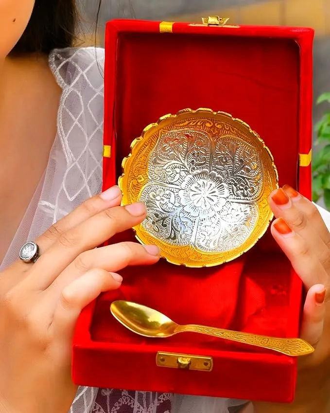 German Silver Single Bowl with Spoon Best for Wedding Return Gift. in Velvet Gift Box.