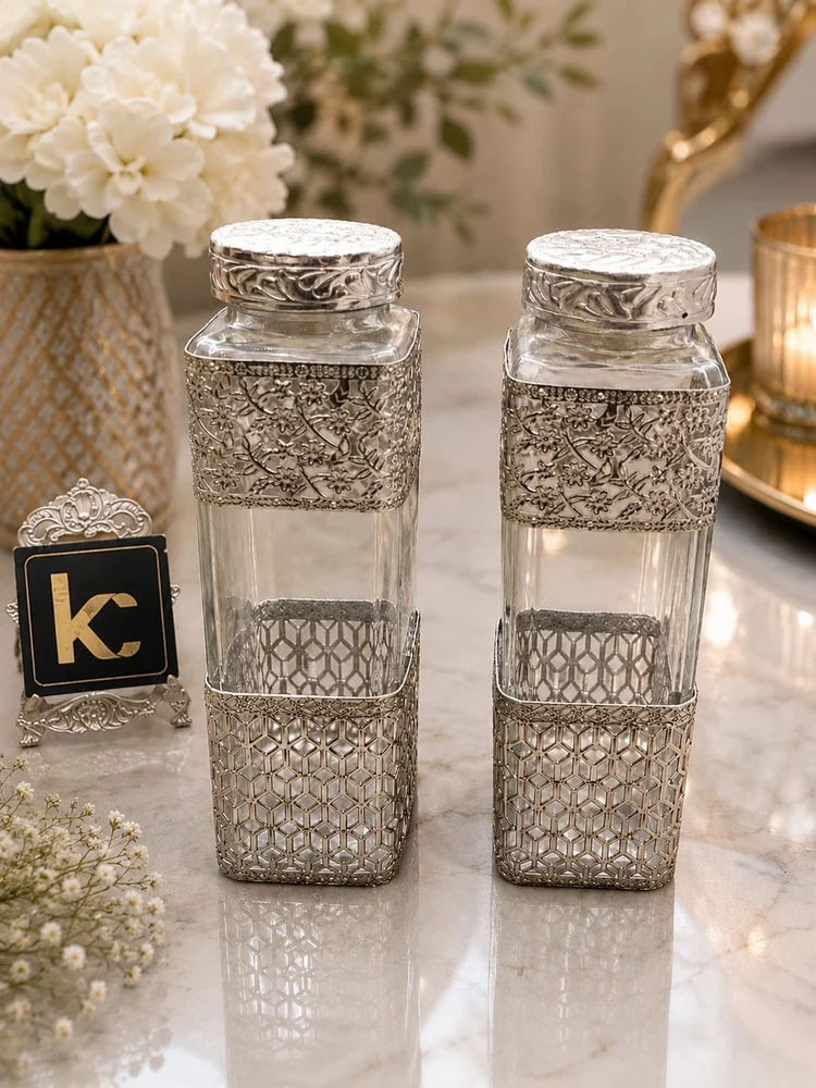 German Silver Glass Water Bottle 1 Litre | Serving Glass for Water | Premium Gift Box | Home & Office Decor | Geometric Pattern | Drinkware