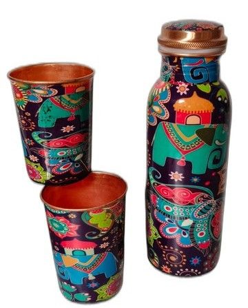 Handpainted Copper Bottle & Tumbler Set
