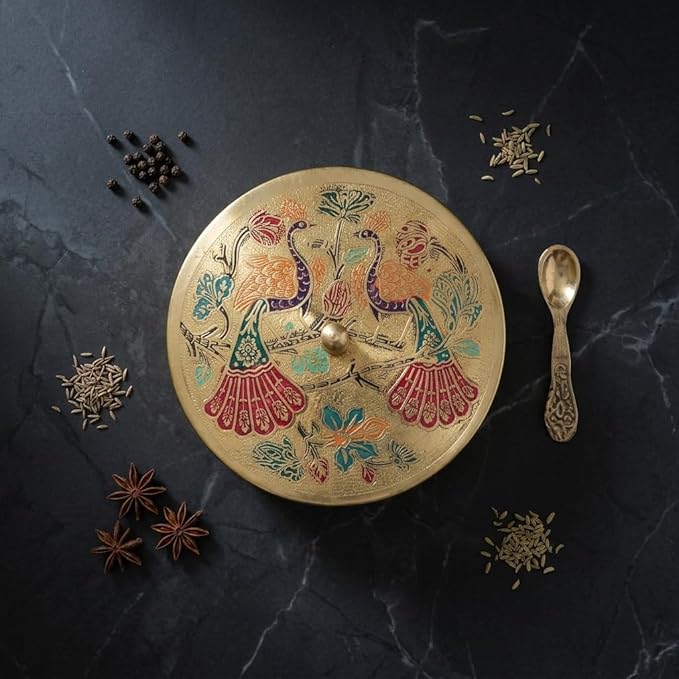 Handcrafted Brass Masala Box (Masala Dabba) with Peacock Design Lid & 7 Compartments with spoon | Indian Spice Storage Container