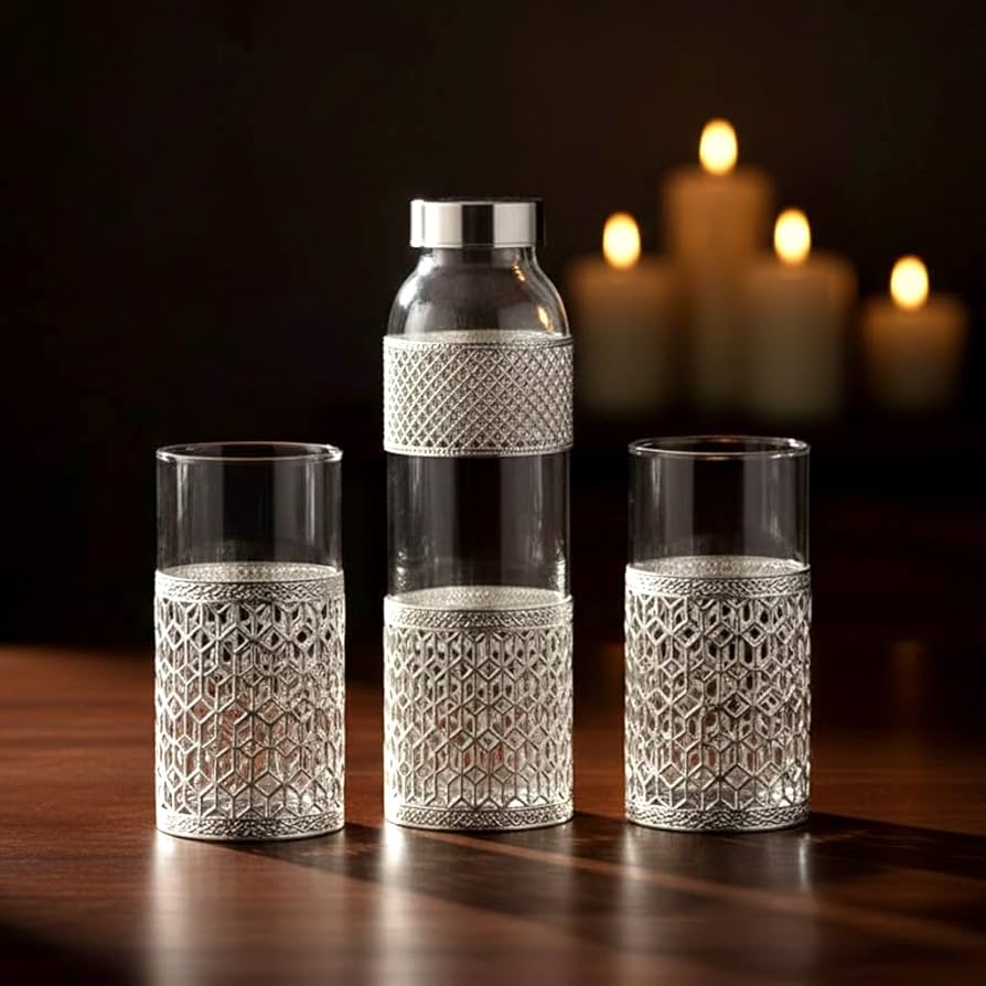 German Silver Glass Water Bottle 1 Litre | Serving Glass for Water | Premium Gift Box | Home & Office Decor | Geometric Pattern | Drinkware