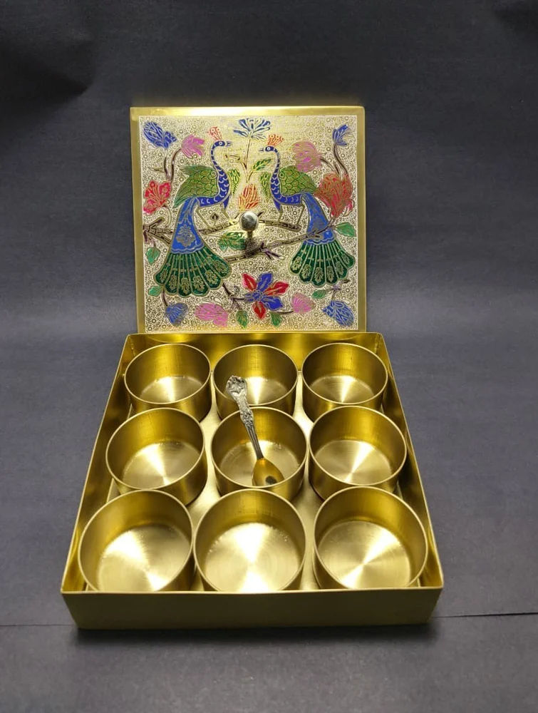 SQUARE: 9 Compartments Peacock Brass and  Golden Spice Box Set