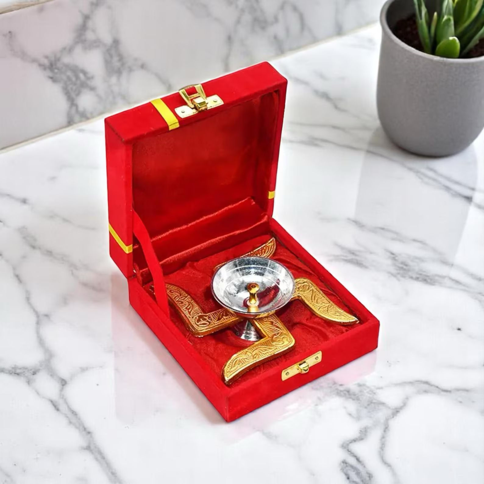 Brass and Stainless Steel Swatik Diya with Red Velvet Box