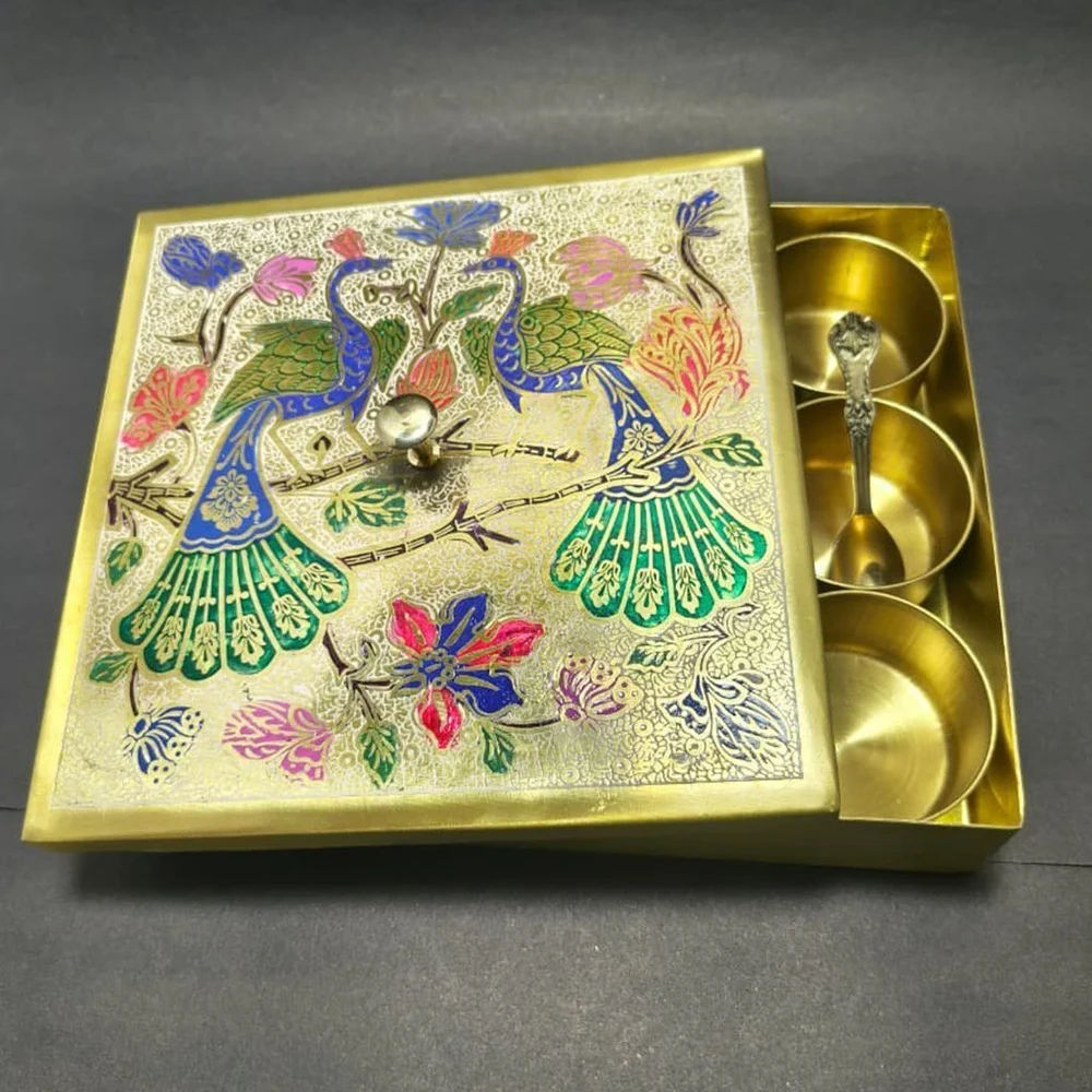SQUARE: 9 Compartments Peacock Brass and  Golden Spice Box Set
