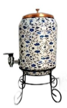 Brass-Style Blue Floral Water Dispenser with Stand