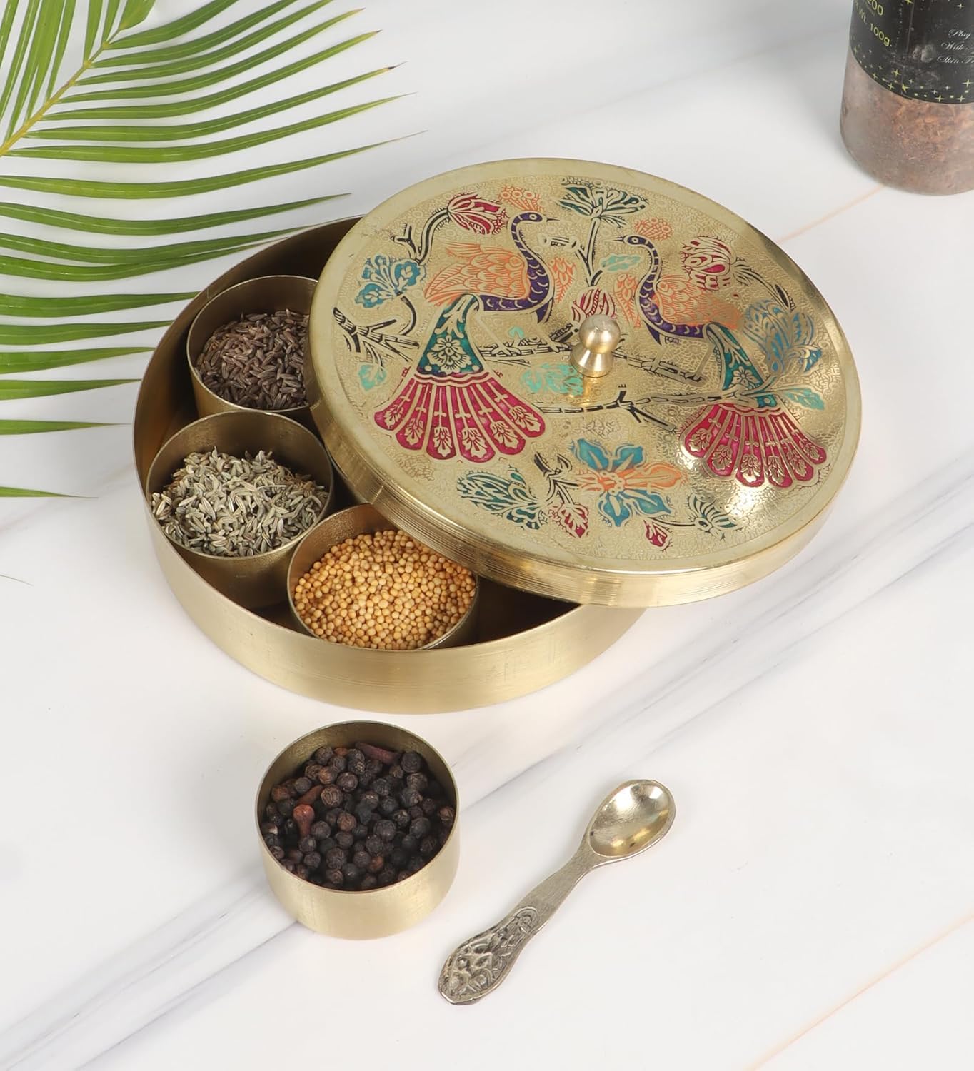 Handcrafted Brass Masala Box (Masala Dabba) with Peacock Design Lid & 7 Compartments with spoon | Indian Spice Storage Container