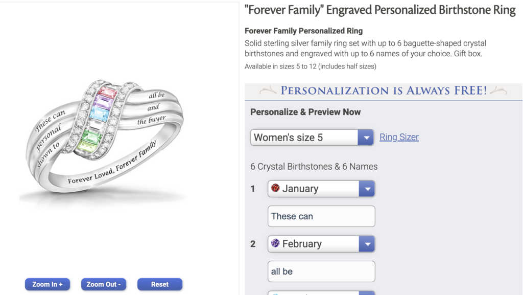 The Bradford Exchange personalized product page - Real-time customization with live preview for jewelry and collectibles