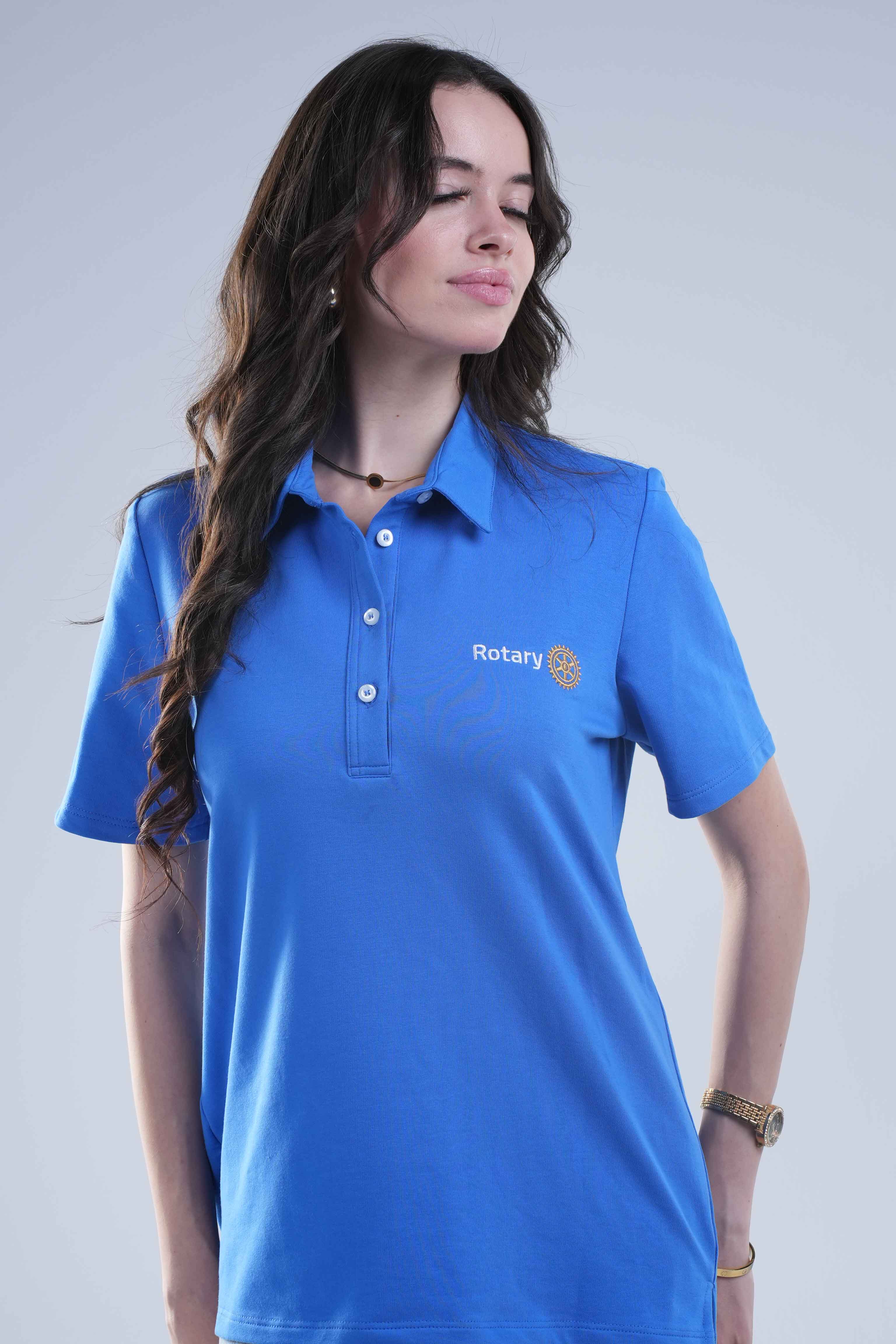Woman modeling Rotary polo shirt