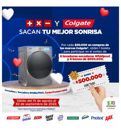 Ofertas de Concurso para lavadoras Whirlpool o bonos de $500.000 pesos con Mas X Menos y Colgate