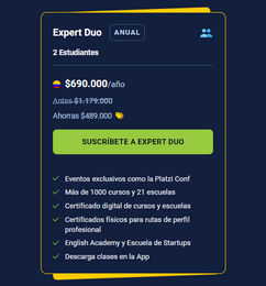 Ofertas de Plan Expert Duo de Platzi a precio especial por BlackFirday