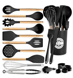 Ofertas de Kikcoin - Juego de Utensilios de Cocina de Silicona con Mango de Madera