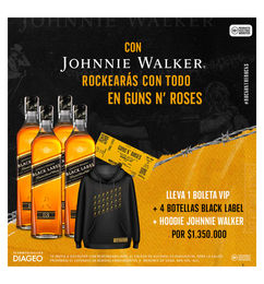 Ofertas de Combo de boleta VIP para ir a ver a los Guns N' Roses con 4 botellas Johnnie Walker 