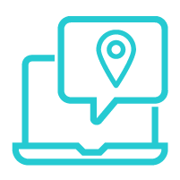 Icon of laptop with map location marker inside chat bubble