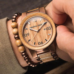 Whiskey Barrel 47mm by Original Grain on Man's Wrisst with Whiskey Espresso Macrame Bracelet