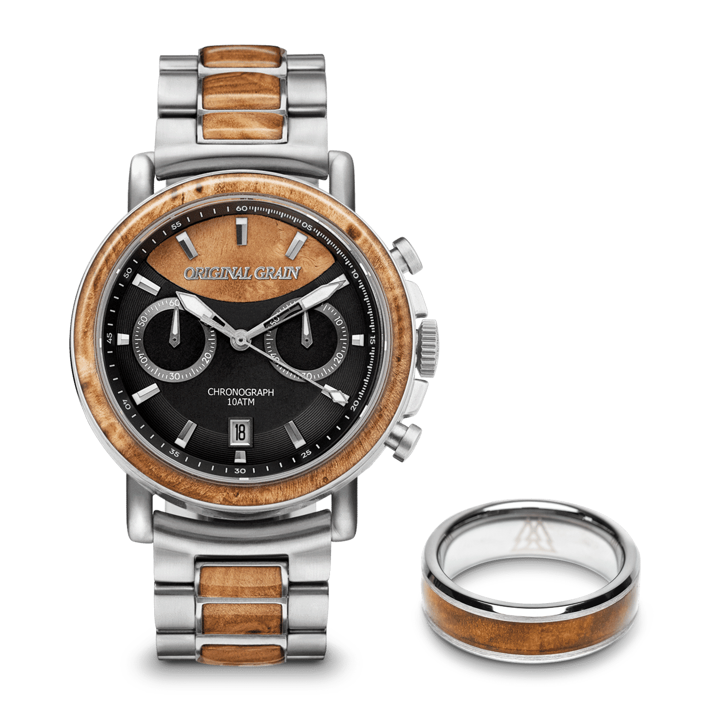 Burlwood Silver Chrono 44-mm-Uhr + Ring-Paket