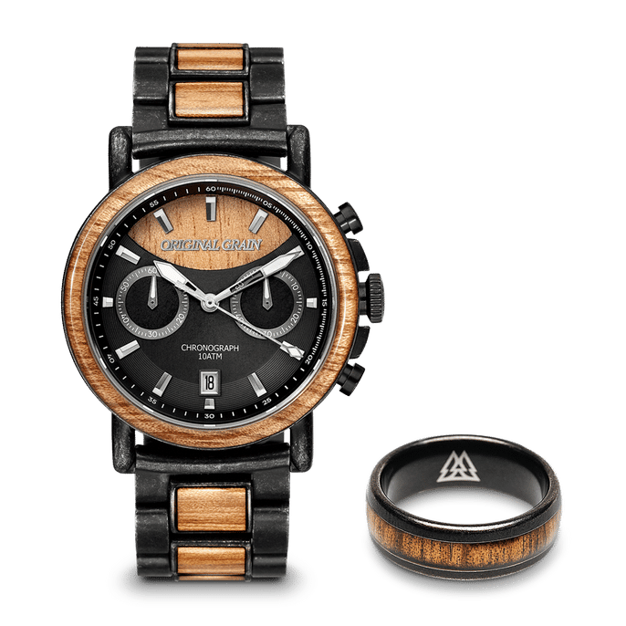 Koa Stonewashed Chrono 44mm Watch + Ring Bundle