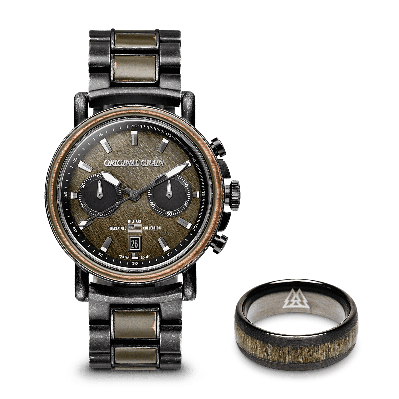 Militär-Stonewashed-Stahl-Chrono-44-mm-Uhr + Ring-Paket