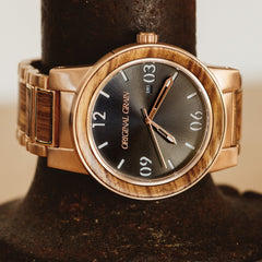 Zebrawood Rosegold Barrel 47mm watch face by Original Grain