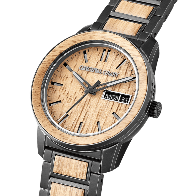 Side view of the Women's Koa Stonwashed Steel Barrel 42mm