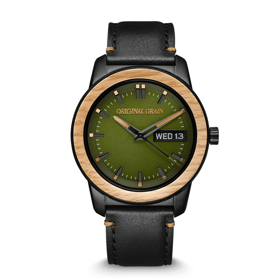 Oak Black Leather Womens Barrel Leather 42mm