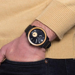 Whiskey Black leather barrel 46mm on man's wrist by Original Grain