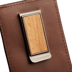 Angle of Back Brown Leather Wallet by Original Grain with Wood Inlay Clip