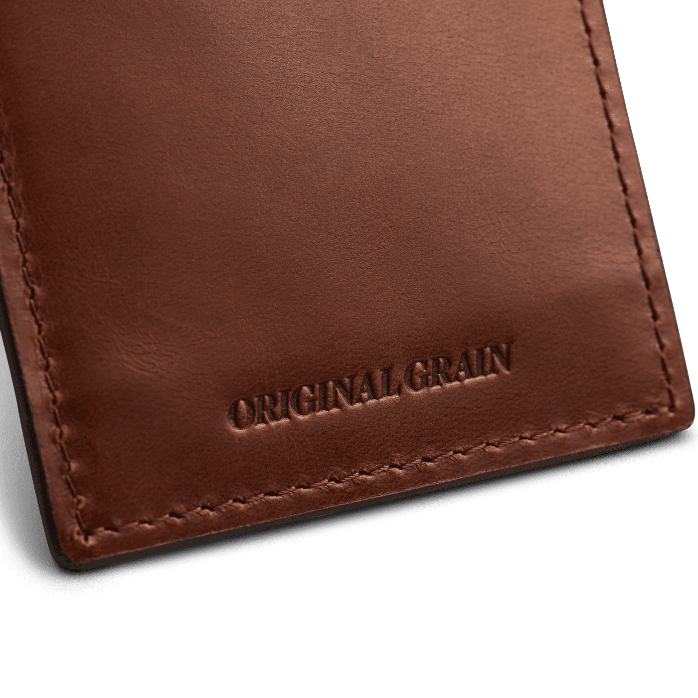 Original Grain Logo on Front of Brown Leather Wallet