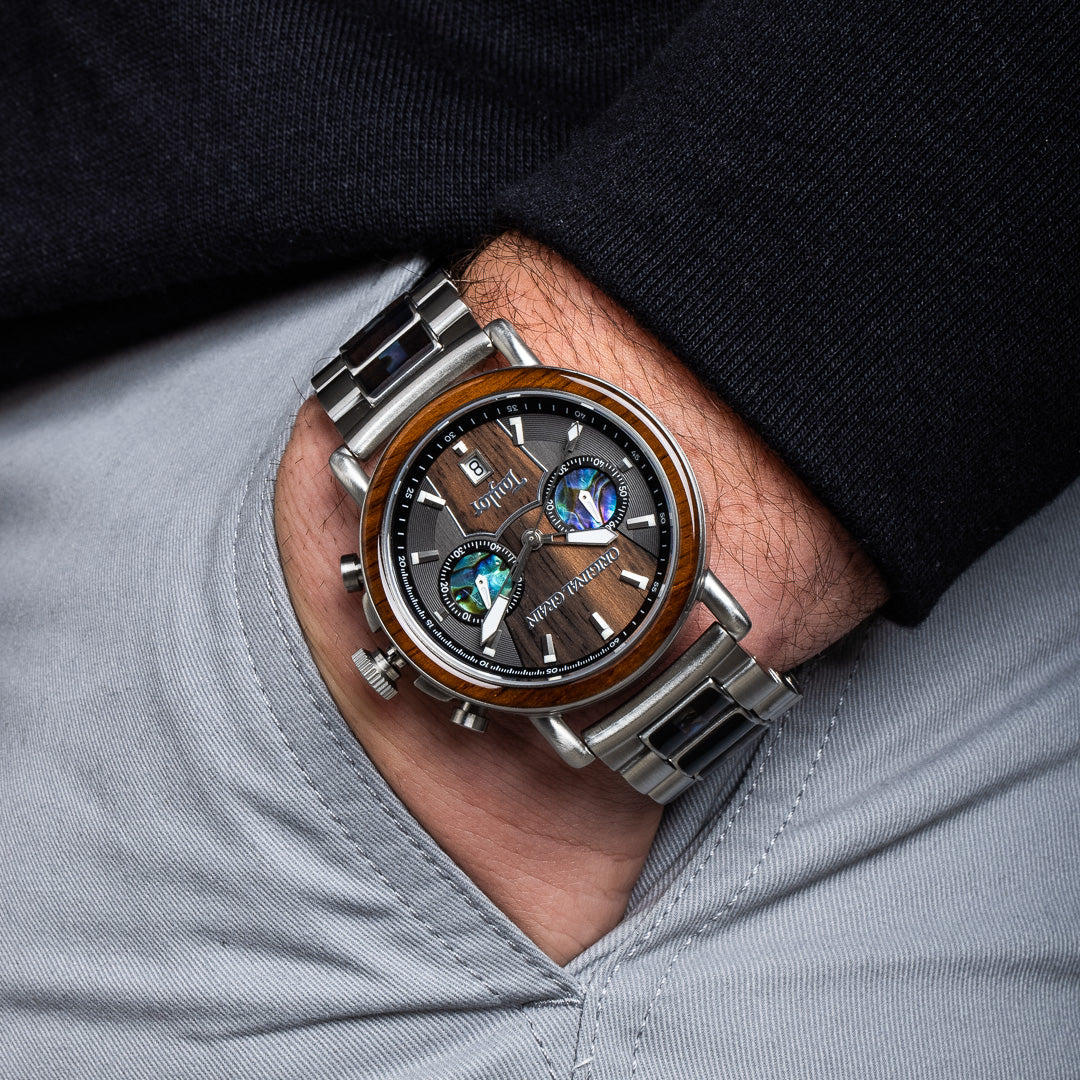 Limited Edition Cameroon Ebony Taylor Guitars Stainless Steel Chrono 44mm watch on man's wrist by Original Grain